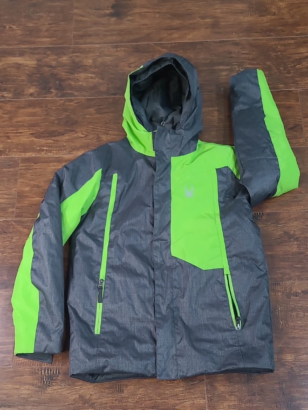 Spider Kids Gray & Neon Green Hooded Winter Jacket Ski Size Large